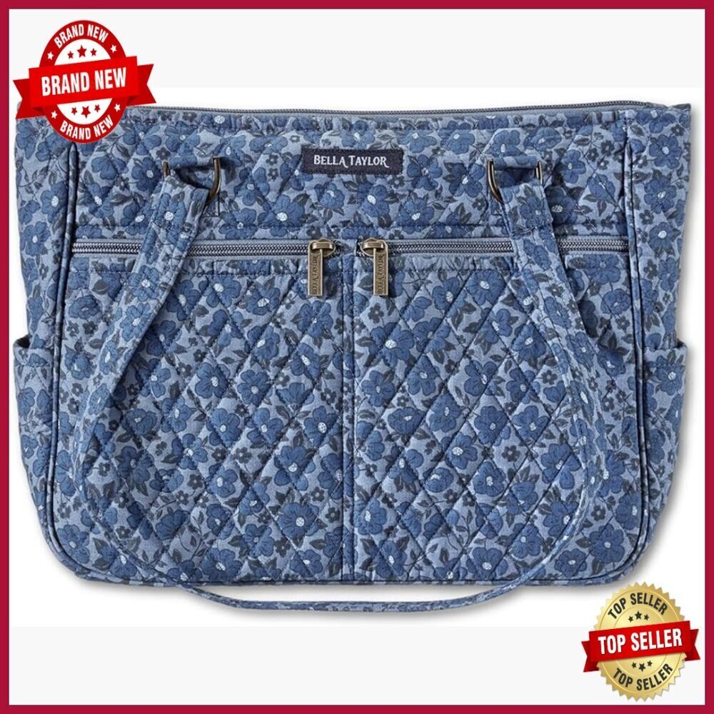 Large Lightweight Quilted Cotton Tote Bag with 10 Pockets Zipper Closure